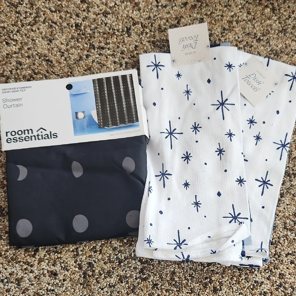 Room Essentials Shower Curtain and 2 Packs Of Dish Towels